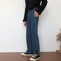 19studio Korea chic drop sense wide leg split pants vintage flash loose straight jeans men and women