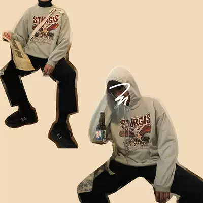 19studio Korean autumn and winter trend men's vintage print couples long sleeve loose hooded jacket sweater men