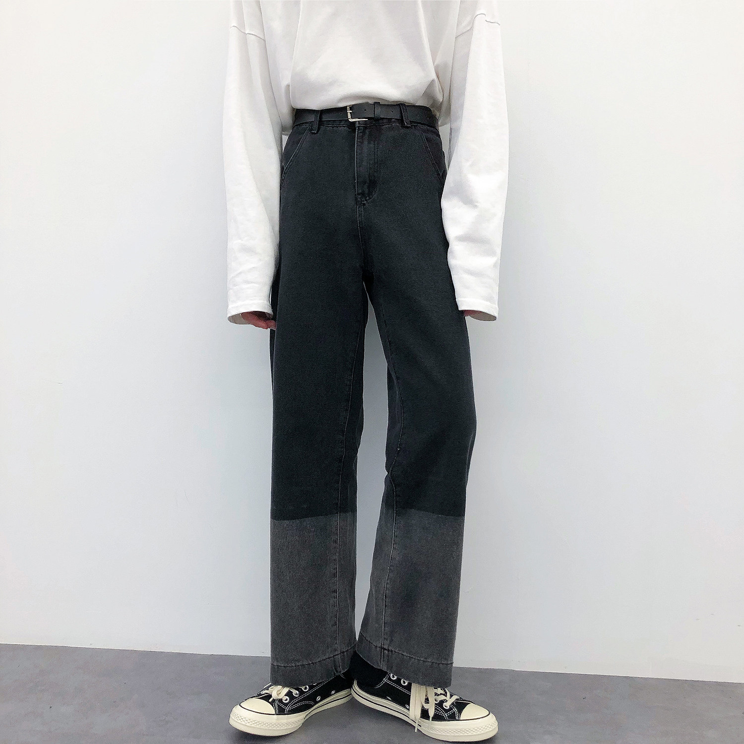 19studio Ulzzang Wash Water Collision Color Student 100 Hitch Original Bf Loose Straight Drum Wide Pants Men's Jeans