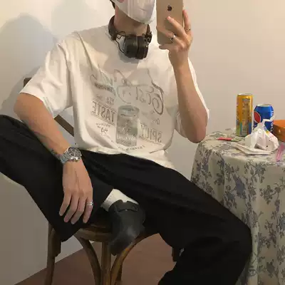 19studio summer short sleeve T-shirt men's ins Joker trend loose retro do old cotton print couple top