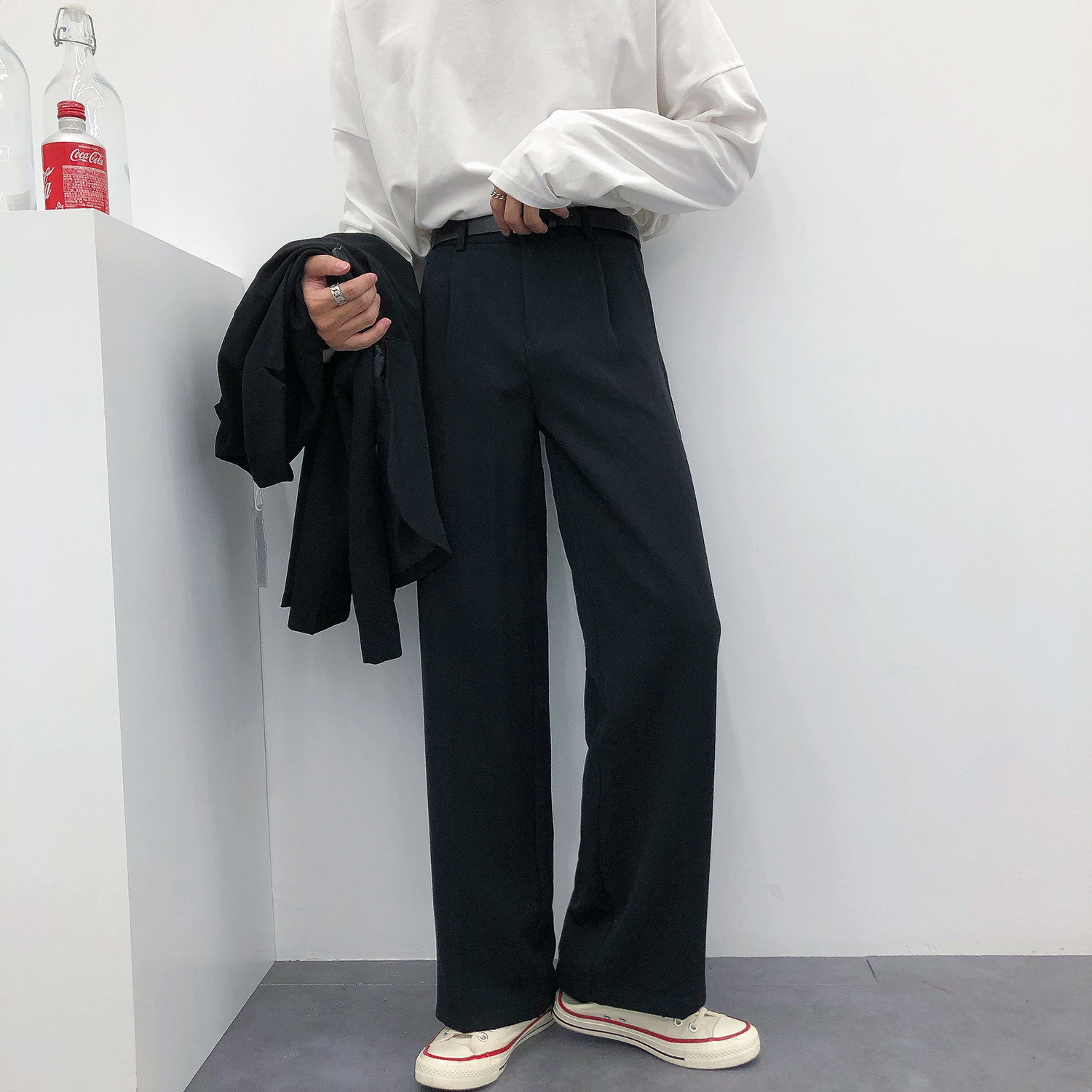 19studio Korean version of ins wide-leg trousers with a sense of drape and slim mopping trousers trendy loose trousers straight-leg men's casual trousers