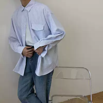 19studio Korea ins East Gate Long Sleeve Shirt Coat Fashion Joker Casual Loose Striped Shirt Men