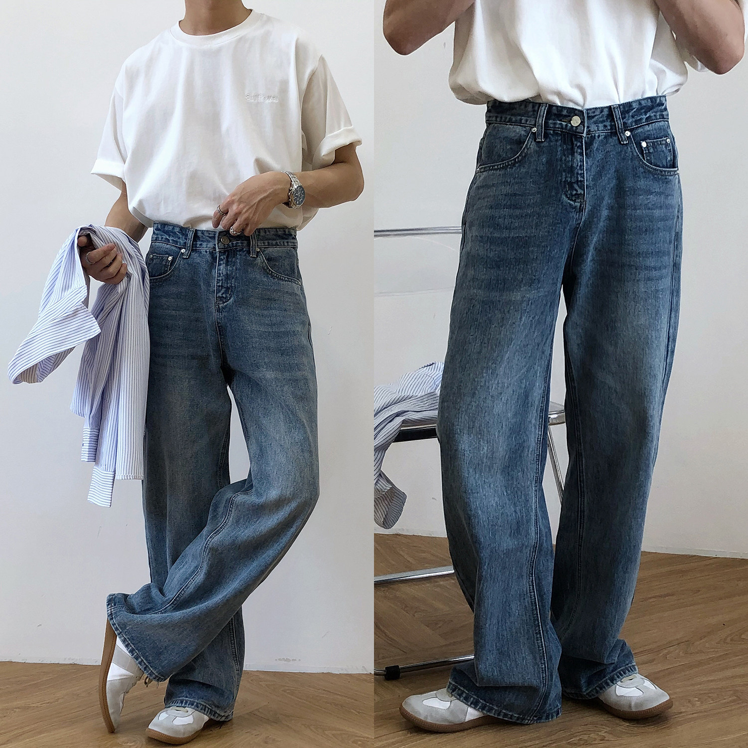 19studio mopping pants retro Korean version of the trend high waist wild casual straight loose jeans mens trousers