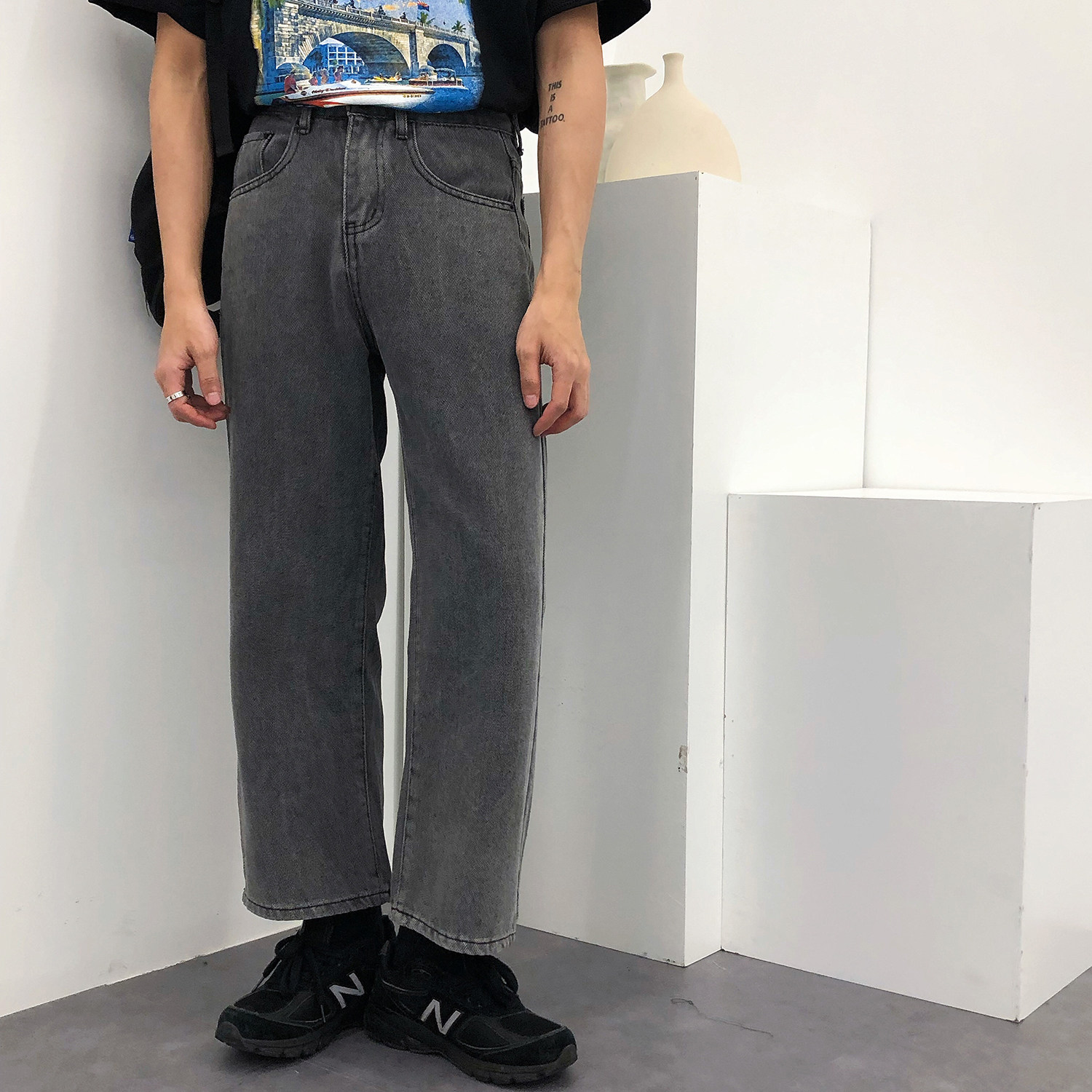 19studio Korean version of Dongdaemun nine pants washed retro made old casual loose straight jeans men trend