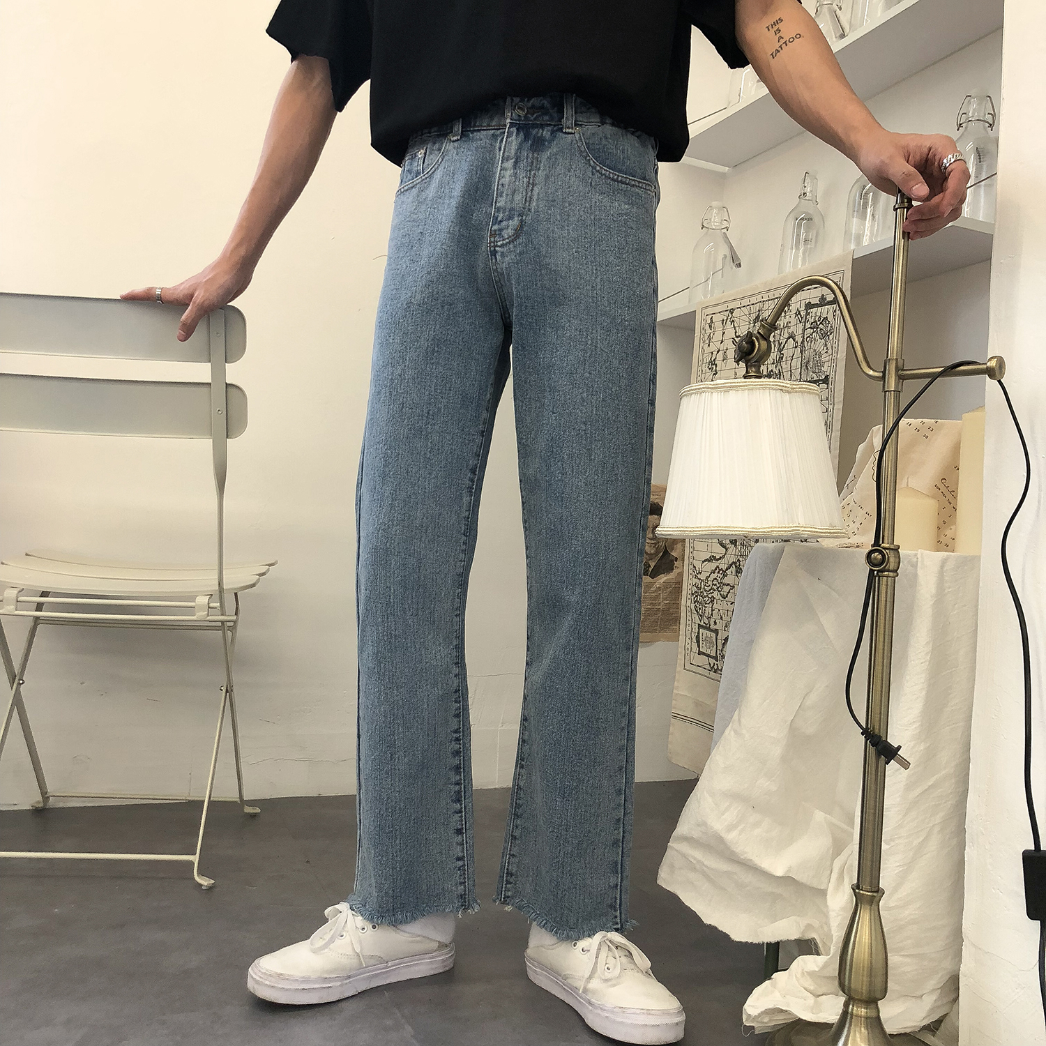 19studio wool edge Korean version wide pants trendy 100 lap wind ulzzang Loose Straight Drum Jeans Male Tide