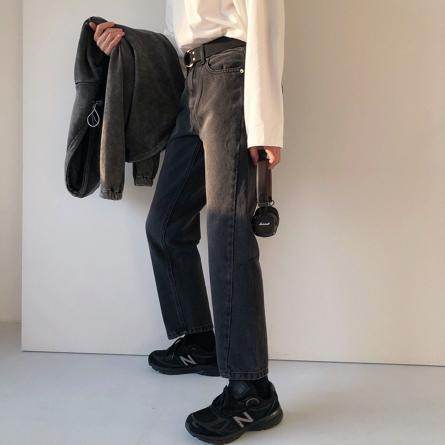 19studio Korea Wash Black Gray ankle-length pants Trend Student Joker Jeans Men Loose Straight Pants