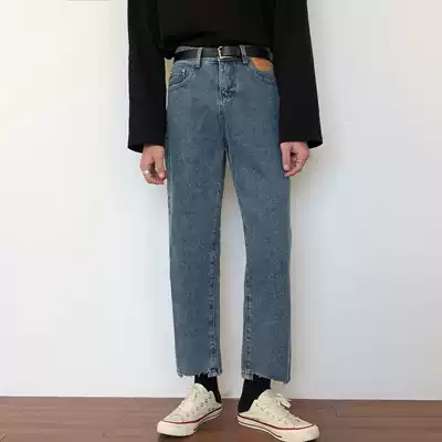 19studio Korean ulzzang thin ankle-length pants high waist wide legs loose straight jeans men and women tide