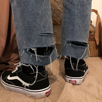  19studio perforated straight cropped pants all-match trend burr ulzzang loose wide leg pants jeans men