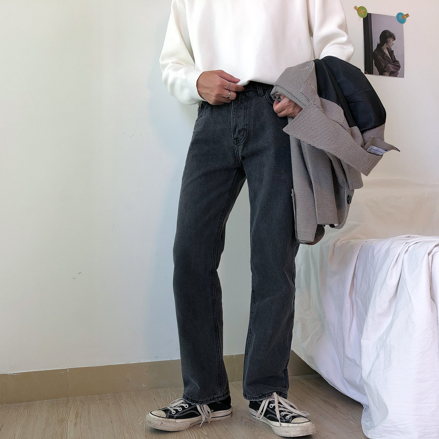 19studio Korea ulzzang black high waist bf washed loose straight wide pants jeans trousers men