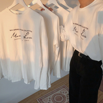19studio homemade item oversize Korean version base shirt couple t-shirt round neck loose long-sleeved top for men and women