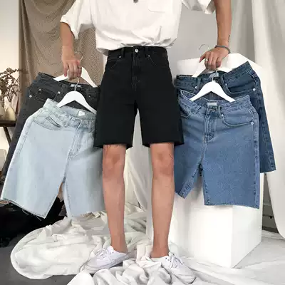 19studio Korea ulzzang Loose Straight Pants Student Couple Joker Hairy Jeans Shorts Men Tide