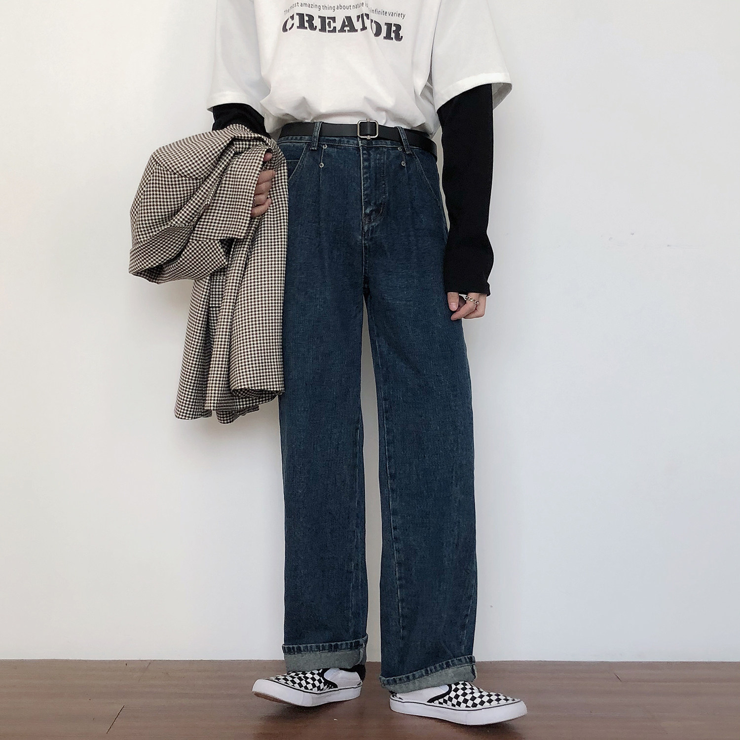 19studio South Korea ulzzang trend Korean casual wide leg dad pants loose straight jeans men and women