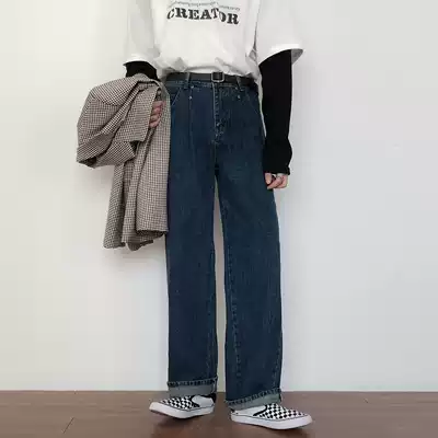 19studio Korean ulzzang trend Korean version of casual wide legs dad pants loose straight jeans men and women