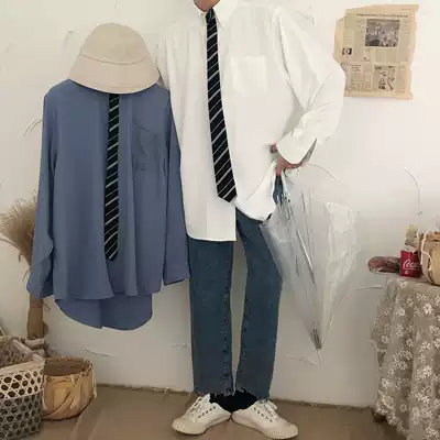 19studio tie one-piece shirt Korean Academy style couple wild solid color long sleeve loose shirt men