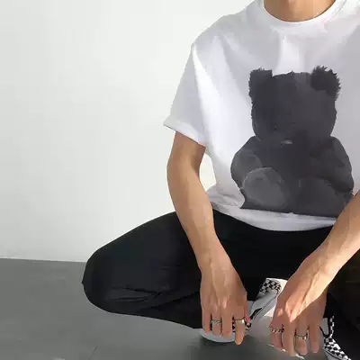 19studio bear print half sleeve base shirt tide brand cartoon wild couple loose short-sleeved t-shirt men and women