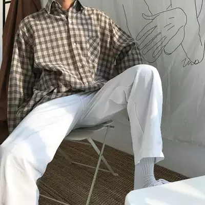 19studio Korea ulzzang shirt medium long version of Hong Kong wind ins loose bf plaid shirt coat for men and women