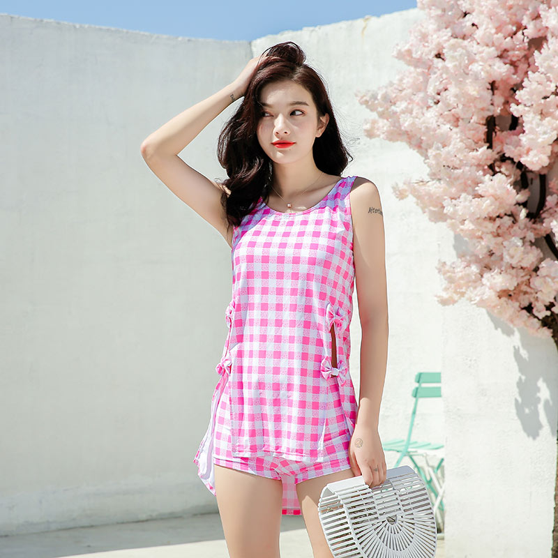 Swimsuit women's two-piece conservative three-piece boxer cover belly to show thin gather large size holiday cute Japanese plaid swimsuit