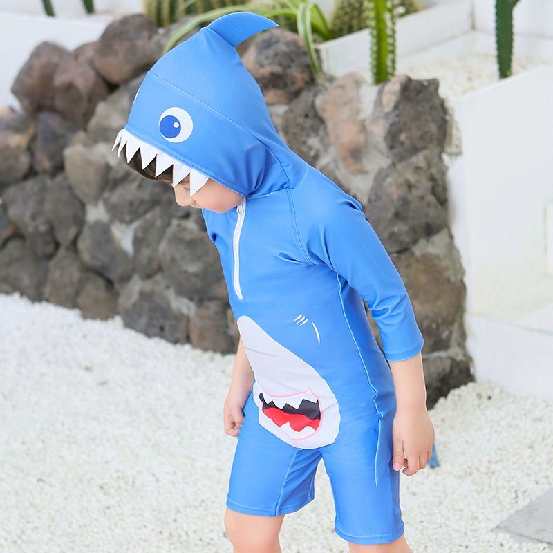 Children's swimsuit boy one-piece hooded shark sunscreen quick-drying hot spring suit for big children and children swimsuit long-sleeved