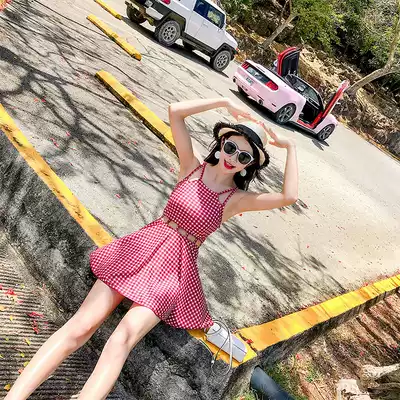Swimsuit women's plaid one-piece student small chest gathered skirt type belly cover conservative thin flat angle hot spring 2021 new