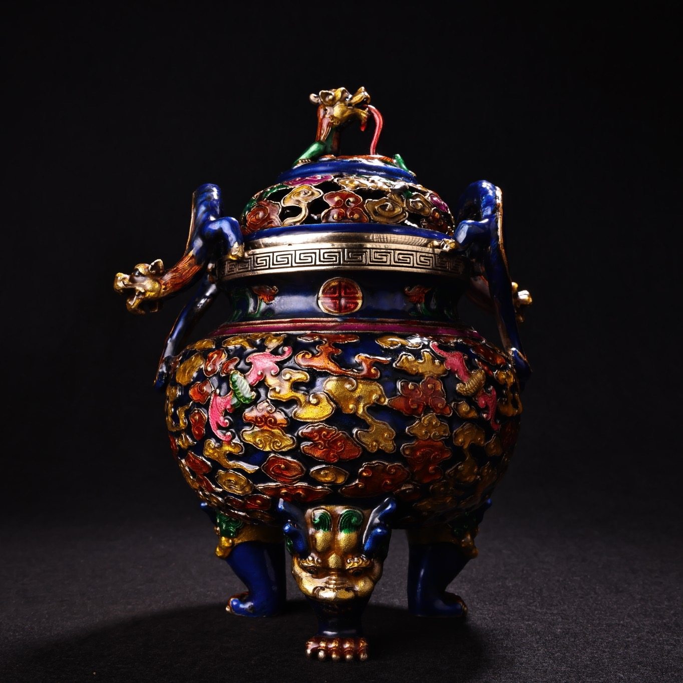 旧家珍蔵品・銅製・金鍍・花紋・龍耳・景泰藍・琺瑯彩・酒壷擺件』極細工・