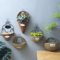 Straw flower basket wall hanging flower basket pastoral willow basket flower pot Wall decorative flower arrangement flower arrangement dried flower weaving basket