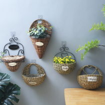 Straw flower basket Wall-mounted flower basket Pastoral willow hanging basket Flower pot Wall decoration flower arrangement flower arrangement dried flower woven basket