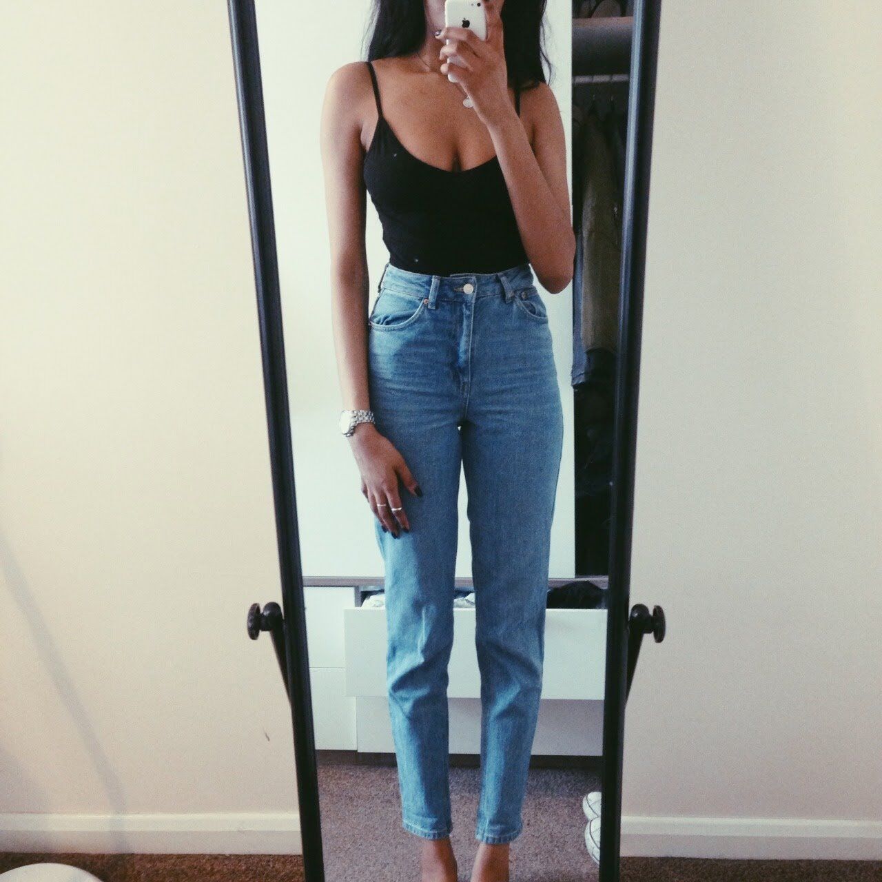 【Shipping】Mom jeans retro slim high waist old tapered harem feet jeans 6020