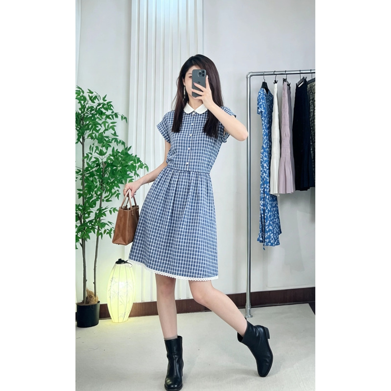 Dress Summer New Style Fake Two-Piece Liu Hao Cun Blue Plaid Short-Sleeved Shirt Dress Female Doll Collar Celebrity Style Dress Dress Summer New Style Fake Two-Piece Liu Hao Cun Blue Plaid Short-Sleeved Shirt Dress Female Doll Collar Celebrity Style Dress