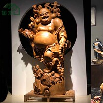 Large wood carving Maitreya Buddha statue Wood root carving cliff ornaments wooden carving crafts living room big belly laughing Buddha ornaments