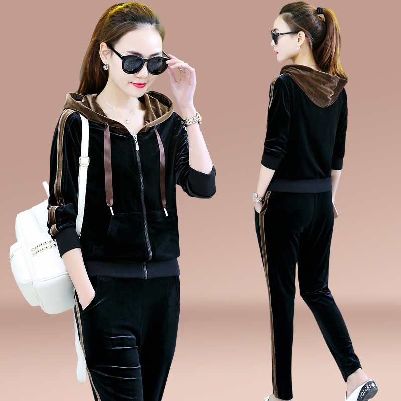 Real-Finn gold velvet sportswear suit Women's spring Lianhood Sports Shirt Han version Large size women's clothing Loose Casual Spring and Autumn