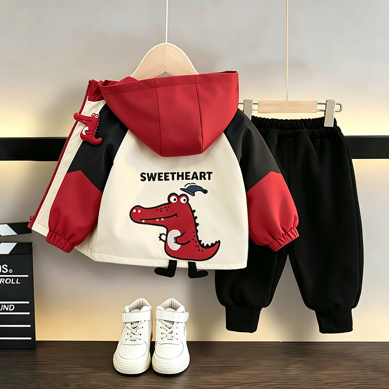 Boys' Cartoon Dinosaur Hooded Jacket Set, Spring and Autumn Style, Stylish Baby Girl Jacket, Toddler Casual Two-Piece Set, Trendy