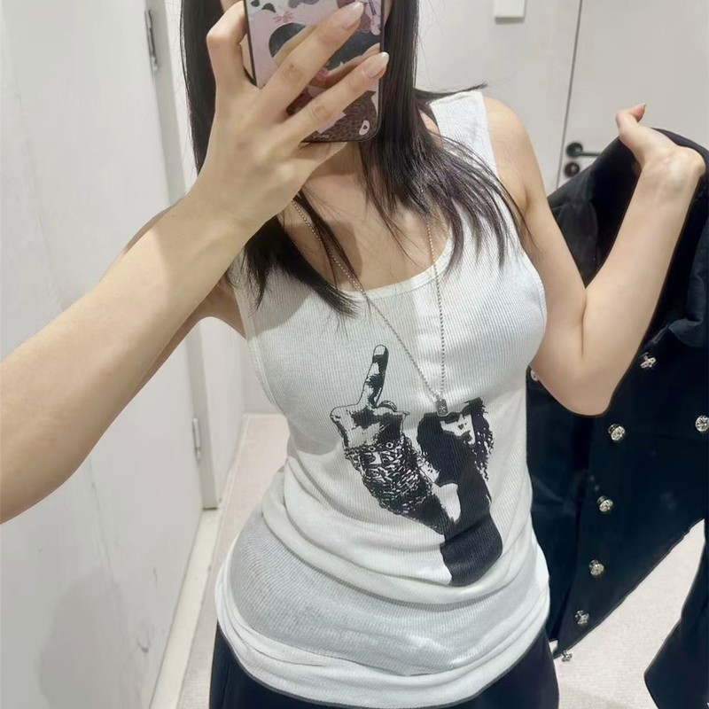 American Punk Style Portrait Print Tank Dress for Women, Slim Fit, Ribbed Cotton, High Elasticity, White Mid-Length Bodycon Skirt