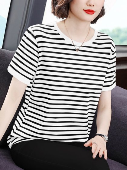 纯棉条纹t恤女短袖宽松夏2025新款薄款大码女装妈妈加肥加大上衣
