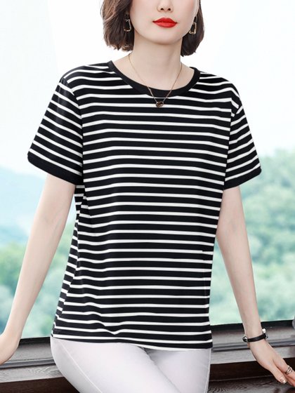 纯棉条纹t恤女短袖宽松夏2025新款薄款大码女装妈妈加肥加大上衣