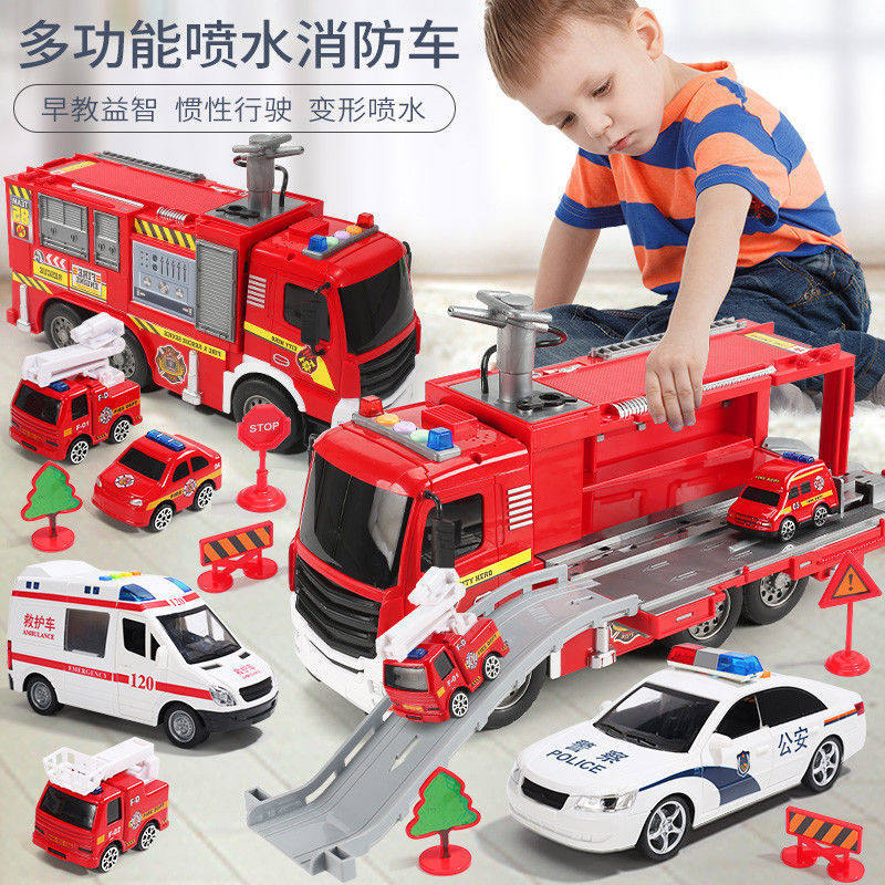 Large number of children firefighters toy car fire trucks can spray water sprinkler car rescue car boy baby cloud ladder car
