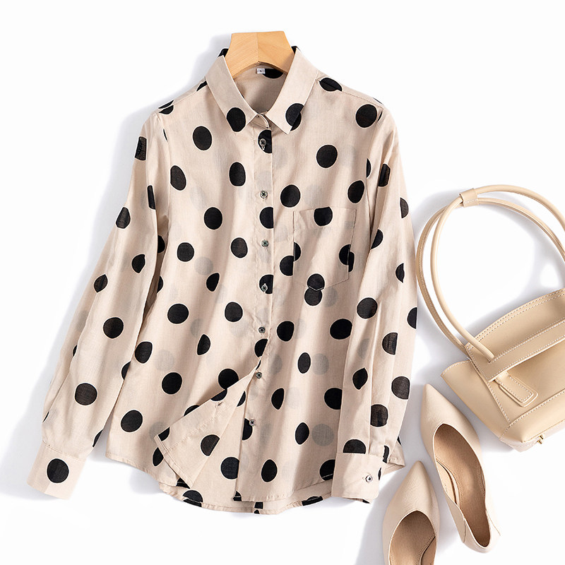 Temperament retro wave point combed cotton long-sleeved thin shirt women's wild top spring and summer