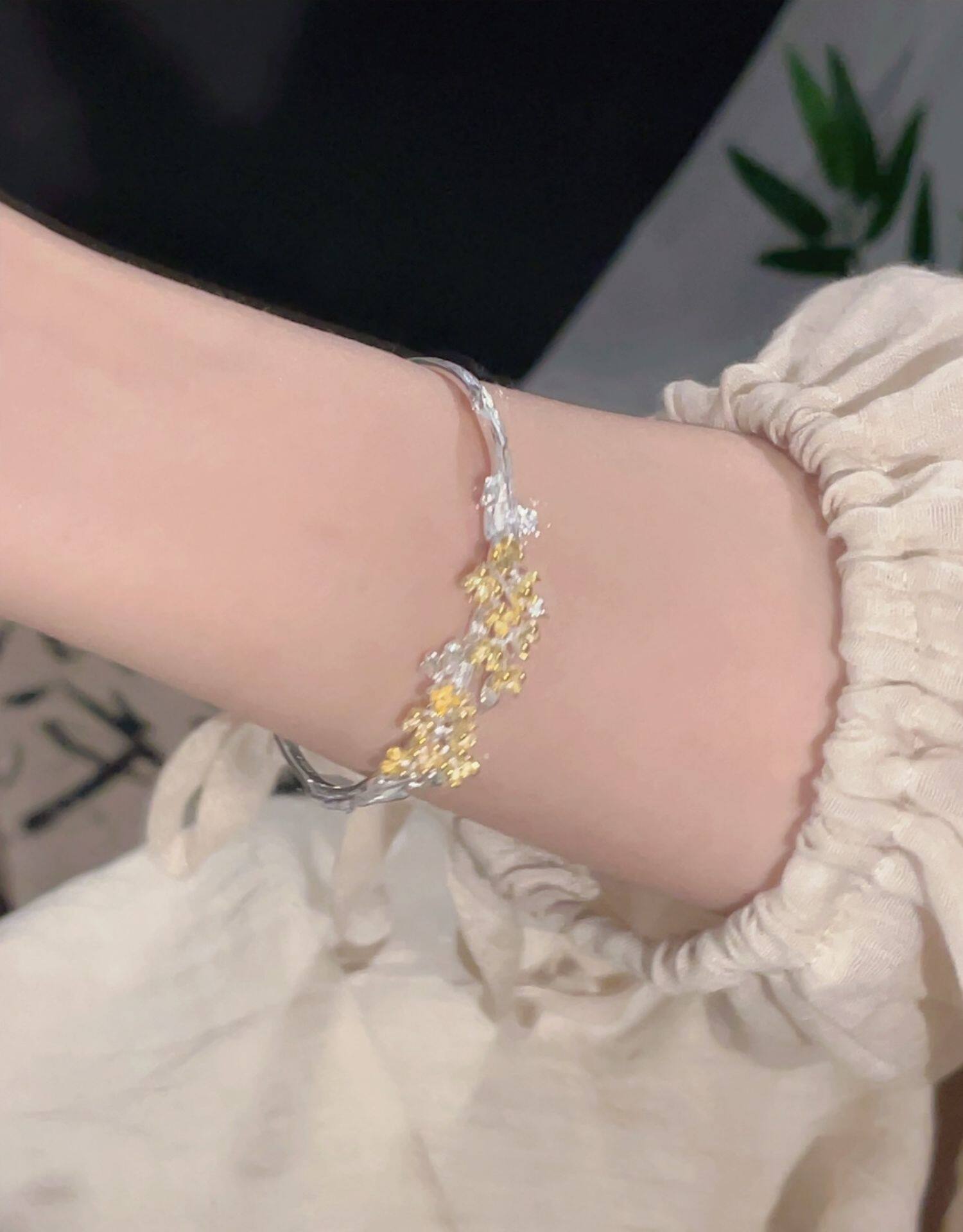 银饰手镯 楚噢chuo纯银s925银桂花月桂手镯开口可调节不掉色小众女生日礼物