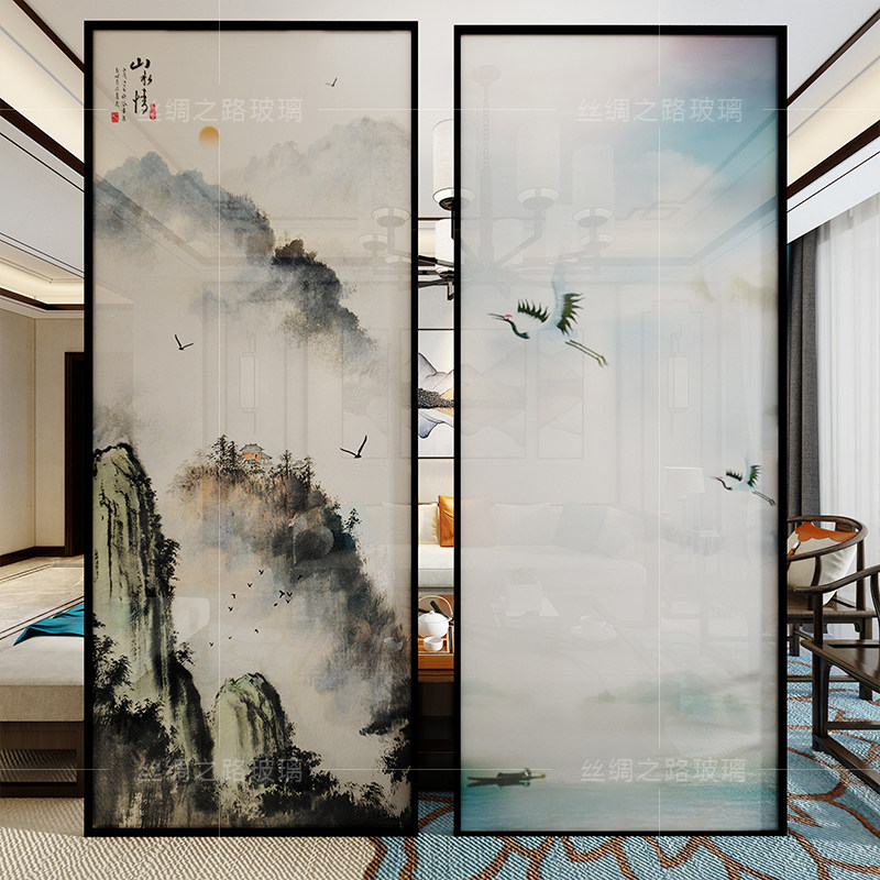 New Chinese landscape clip silk glass screen partition Entrance Living Room bedroom Xuanguan Wall Decorative Dining Room Modern Room