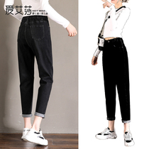 Spring and Autumn 2020 new elastic waist black jeans women loose straight tube high waist Harlan dad radish women pants