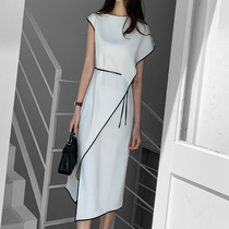 Mapping * Hong Kong light luxury women Summer high waist slim irregular simple one-collar lace dress women