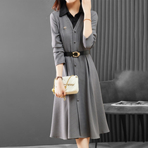 Mapping Hong Kong light luxury high-end long-sleeved dress womens 2022 autumn and winter temperament slim waist and thin bottoming skirt