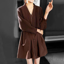 Mapping Hong Kong light luxury high-end knitted V-neck dress womens 2022 autumn and winter fake two-piece stitching skirt