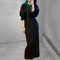Mapping Hong Kong light luxury high-end stitching hooded dress female 2022 new slim pullover sweater skirt