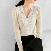 Mapping * Hong Kong light luxury womens fashion wild style beautiful wool lace stitching three-dimensional sweater