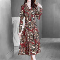 Mapping Hong Kong Light Lavish Style V Collar Printed Tandem Dress Dress Woman Fashion Temperament Vintage Slim Middle Long Dress