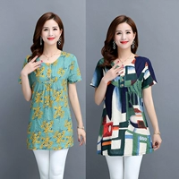 Áo mẹ chất liệu cotton ngắn tay áo thun nữ mùa hè đầm dài trung niên dài áo rộng bà ngoại mặc áo cotton nhân tạo - Quần áo của mẹ áo cho mẹ