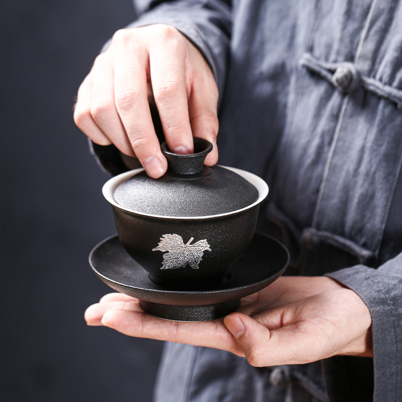 Jingdezhen Ceramics Sancai Gaiwan Single Non-Hot Heat Resistant Tea High-end Kung Fu Tea Tea Bowl Tea Cup Black Pottery