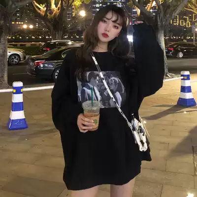 Hong Kong trendy brand retro printed crew neck top women's 2021 autumn and winter new women's wild loose mid-length sweater