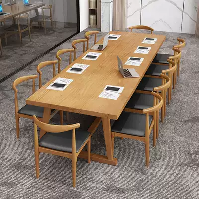 Nordic solid wood office desk and chair Log conference table long table Modern minimalist creative negotiation table workbench long table