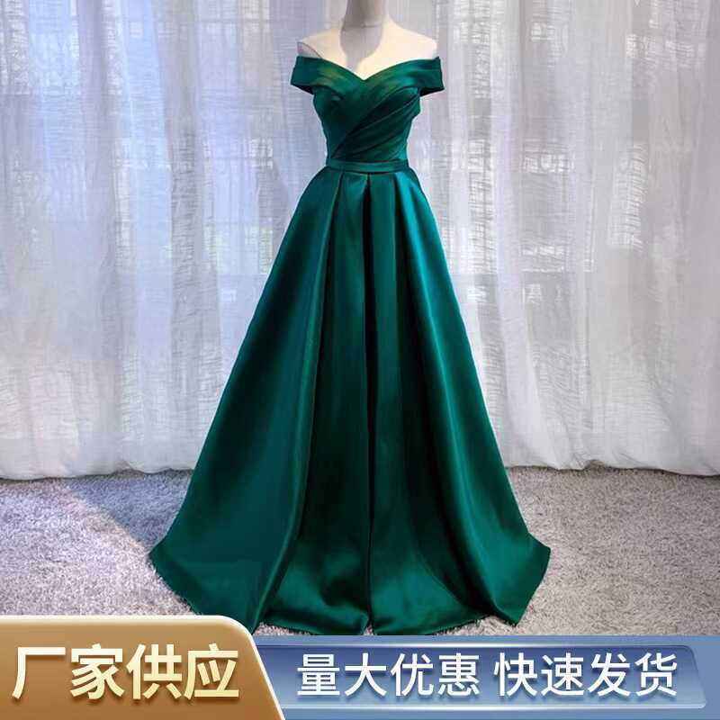 2025 New Green Off-Shoulder Satin Evening Dress Slim Fit Socialite Banquet Annual Meeting Host Dinner Dress